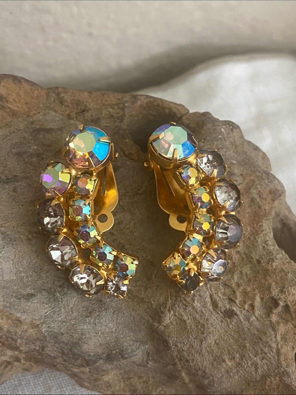 Vintage Gold-Tone Aurora Crystal Iridescent Earrings